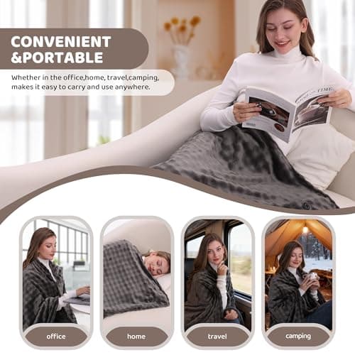 TZOSDOBO Cordless Heated Blanket, Battery Operated Heating Blanket with 20000mAh Rechargeable Power Bank, Portable Heated Throw Blanket, 59"x 35.5" Electric Heated Shawl, 3 Fast-Heating Levels (Grey) 7