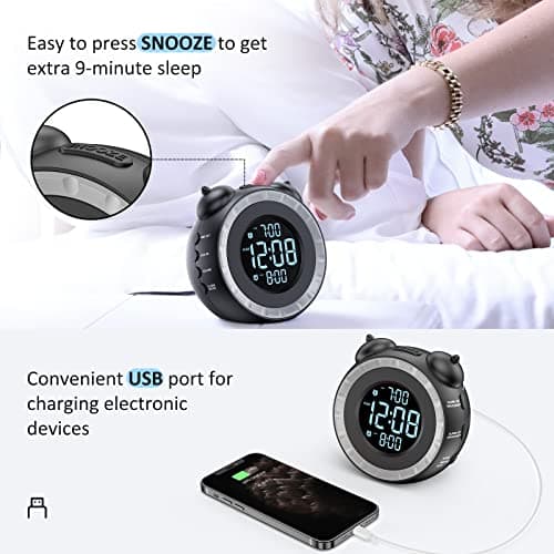 uscce Loud Dual Alarm Clock with Bed Shaker - 0-100% Dimmer, Vibrating Alarm Clock for Heavy Sleepers or Hearing Impaired, Easy to Set, USB Charging Port, Snooze, Battery Backup 7