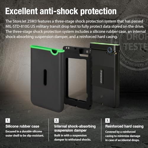 Transcend StoreJet 2TB Rugged External Hard Drive, USB3.1(5Gbps) Portable HDD w/One Touch Auto-Backup Button/Anti-Shock Resistant/Compact&Lightweight/Lightning-Fast Speeds, Iron Gray - TS2TSJ25M3S 5