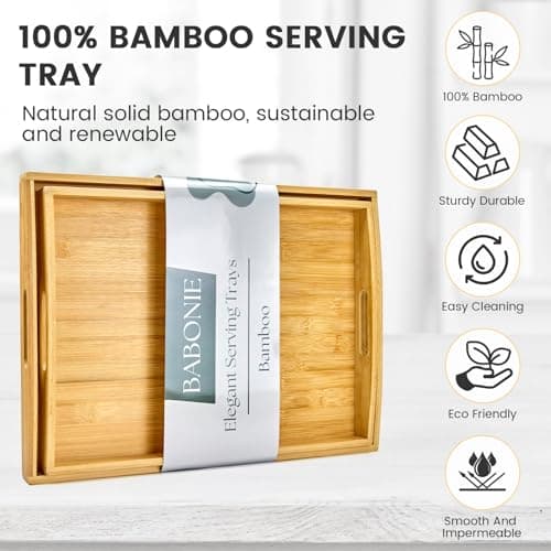 BABONIE Bamboo Serving Tray with Handles Set of 2 - Decorative Wooden Trays for Eating, Working, and Storing, Suitable for Use in Bedroom, Living Room, Kitchen, Bathroom, Outdoor Scenarios and More 5