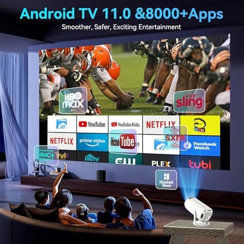 HY300 Projector with WIFI6 and Bluetooth, 4K 1080P Support with Android TV 11.0, Mini Portable Projector 180° Rotatable Movie Projector ,Auto Keystone Compatible for Laptop, PC, Smartphone 6