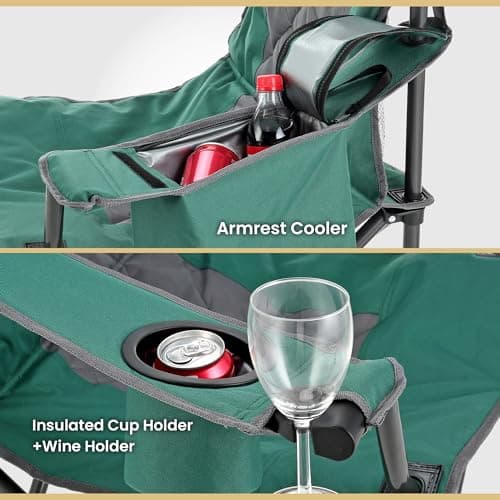 ARROWHEAD OUTDOOR Portable Deluxe Folding Camp Quad Chair w/Headrest, Glass & Cup Holders, Armest 6-can Cooler, Heavy Duty Carry Bag, 550 lbs Weight Capacity 5