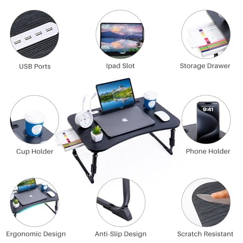 BYMECOST Laptop Desk for Bed, Height Adjustable Laptop Bed Table, Foldable Portable Lap Desk Stand with USB/Storage Drawer/Cup Holder/Slot, Breakfast Tray for Working Reading Writing Eating 5