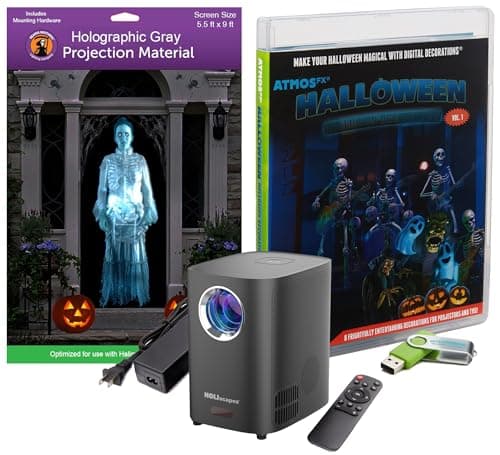 Reaper Brothers Halloween Hollusion Digital Decoration Kit Includes 8 AtmosFX Video Effects for Halloween Plus HD Super Bright Projector and 5.5' x 9' Holographic Projection Screen