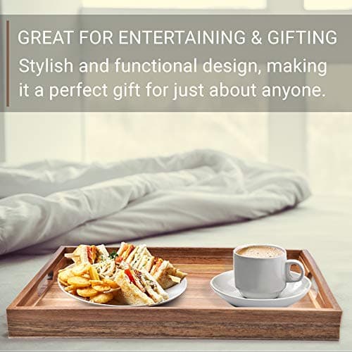 Acacia Wood Serving Tray with Handles (17 Inches) – Decorative Serving Trays Platter for Breakfast in Bed, Lunch, Dinner, Appetizers, Patio, Ottoman, Coffee Table, BBQ, Party –Great for Lap &Couch 5