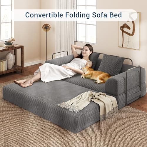 Cloud Boneless Convertible Floor Sofa Bed, 70" 4-in-1 Foldable Compressed Loveseat Lounge Sleeper 2 Seater Couches, High-Density Sponge & Corduroy Fabric Futon Daybed for Living Room Bedroom(Gray) 9