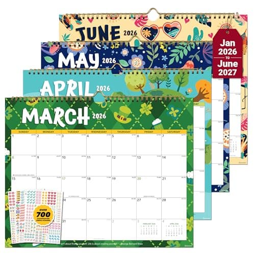 Decorably 18 Months Colorful Landscape Wall Calendar with Stickers January 2026 to June 2027, 14.5x11.5in Spring-Bound Sheets with Inspirational Quotes for Office, Home and School