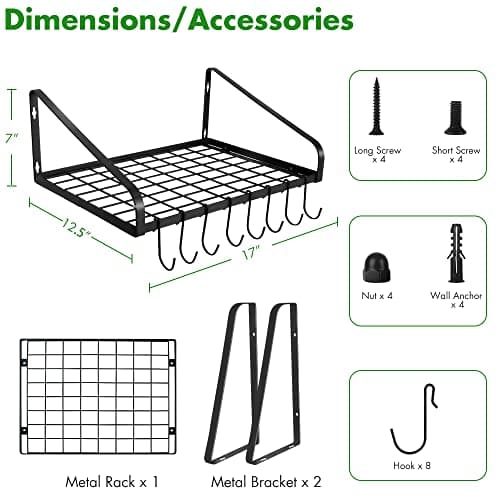Felibeaco Hanging Pots & Pans Rack,Wall Mounted Pots Pans Organizer Holder Rack with 8 Hooks, Kitchen Wall Storage Organizer Hanger Shelves for Pans Set, Utensils, Cookware, Books, Household,Black 7