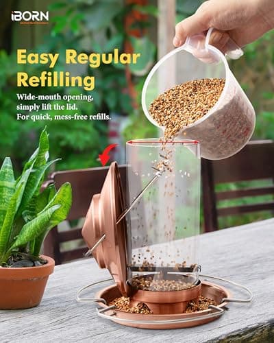 iBorn Bird Feeder Metal Squirrel Chew-Proof Bird Feeders for Outdoors Hanging Outside for Cardinal, Holds 1.5LB Seed with 3 Perchs, Brushed Copper (Seed is not Included) 9