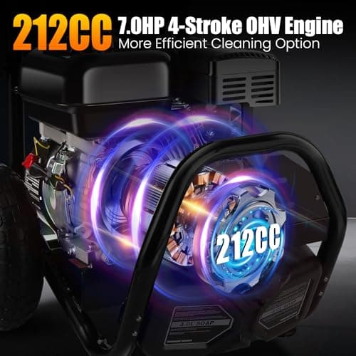 Professional 4200PSI 4GPM 212CC Gas Pressure Washer, 10" Wheels 7HP Commercial Gas Power Washer with 3L Foam Bottle 5 Nozzles 33FT Hose for Home Car Fence Driveway (EPA/CARB/ETL Compliant)，77LBS 9