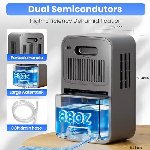 Dehumidifier, 88 OZ Dehumidifiers for Home with Drain Hose 8-12-24H Timer Quiet Portable Small Dehumidifier with Auto Shut Off for Bathroom Bedroom Rooms RV Basement Closet Office (silver grey) 7