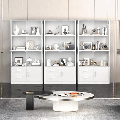 Eclathome Display Cabinet with Glass Doors, 4-Tier Display Case with 3-Color Lights & Human Body Sensor, Storage Cabinets with 3 Shelves & 2 Drawers for Collectibles/Living/Dining/Game Room, White 8