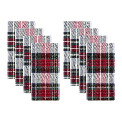 Elrene Home Fashions Christmas Classic Holiday Plaid Cotton Napkins, Holiday Table Decor, 17" x 17", Set of 8