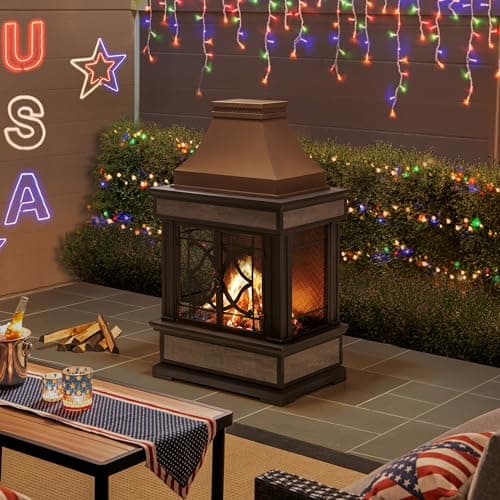 Sunjoy Outdoor Fireplace, Smith Collection Patio Wood Burning Steel Fireplace with Chimney, Spark Screen, Fire Poker, and Removable Grate, Copper with Yellow Tile 2