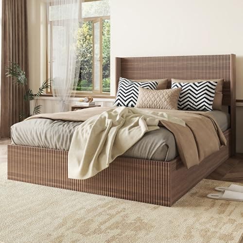 Lift Up Storage Bed Queen Size, Queen Bed Frame with Headboard and Lift Storage System, Wood Headboard with Wing-Back and Convex Groove Board Design