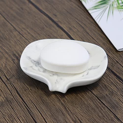 Polyroyal White Marble Texture Soap Dish Ceramic Soap Holder Self Draining Soap Dish Waterfall Slot Sponge Holder Bathroom Accessories for Bathroom, Kitchen,Bar Counter. 7