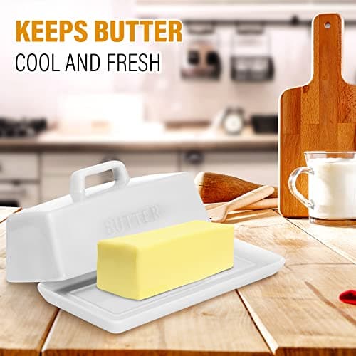 Ceramic Butter Dish Set with Lid and Knife - [White]- Decorative Butter Stick Holder with Handle for 1 Stick of Butter - Microwave Safe, Dishwasher Safe - Anti-Scratch Stickers Included 8