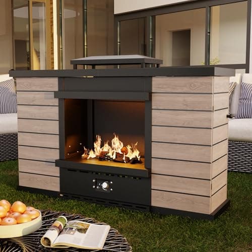 63.0''x37.6'' Outdoor Propane Fireplace, 50,000 BTU Vent-Free Gas Heater, CSA Certified Grey & Black Weather-Resistant Steel, Realistic Ceramic Logs, Rain Cover Included