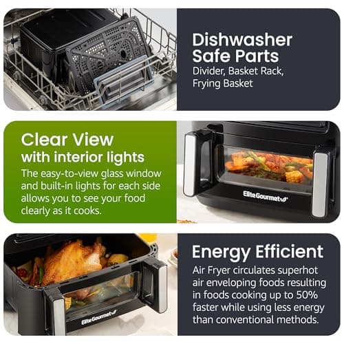 Elite Gourmet Dual Zone Air Fryer Oven 11QT, Dual Basket Air Fryer with Divider, Sync Finish & Sync Cook, PFAS Free Nonstick, 10 Presets, Air Fry Bake Roast Broil Toast Dehydrate, 1600W Black 6