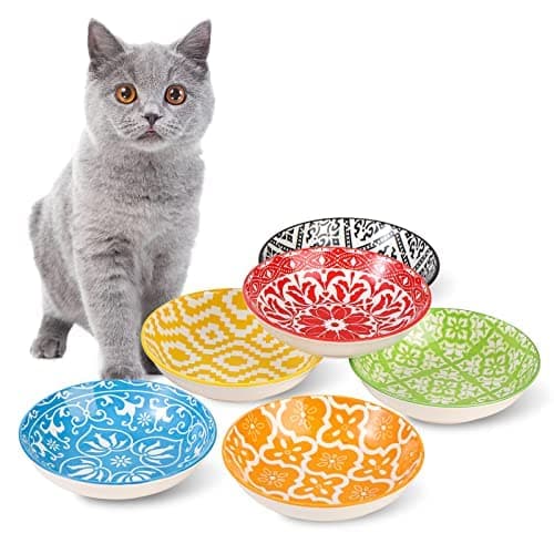 Ceramic Cat Dishes for Food - Colorful Cute Cat Bowl Set of 6 - Wide, Shallow, Whisker Friendly - Microwave and Dishwasher Safe - 8.5 oz - 5.75 inch