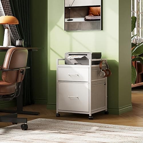 DEVAISE 2 Drawer Mobile File Cabinet, Rolling Printer Stand with Fabric Drawer, Vertical Filing Cabinets with Hanging Folders Fit A4 or Letter Size for Home Office, White 2