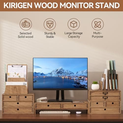 KIRIGEN Wood Monitor Stand with 2 Drawers - Computer Arm Riser Desk Storage Organizer,Speaker TV Laptop Printer Stand with Pen Slot and Cable Management,Dark Brown Desktop Shelf for Office DBR-2PMJ 5