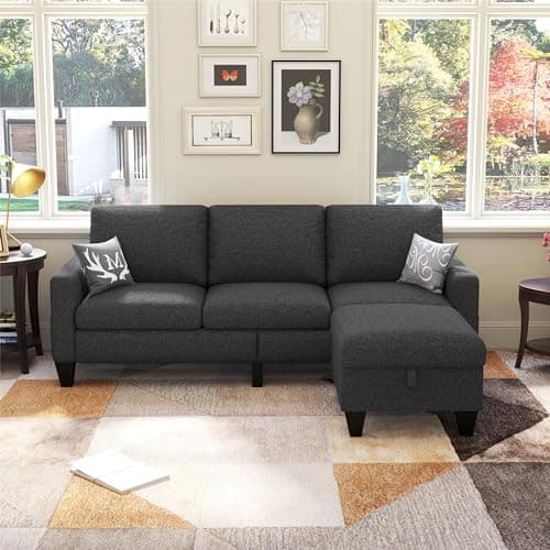 Lonkwa 78'' Convertible Sectional Sofa Couch, Dark Grey 3 Seat L-Shaped Couch with Storage Ottoman, Modern Linen Fabric Couches for Living Room, Apartment, Office, Small Space 5