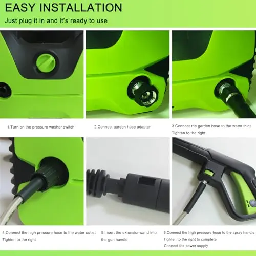 YJLY Electric Pressure Washer,2000-PSI,1.2-GPM,4 Different Nozzles and 33FT Hose,Power Washer,Foam Cannon for Car,for Cars,Garden, Yard, Fence, Driveway, green 6