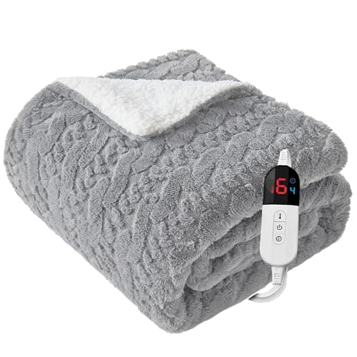 Easthome Electric Heated Blanket Queen Size Dual Control - Jacquard Shaggy Sherpa 84"x90" Fast Heating Bed Blankets with 6 Heating Levels & 10 Hours Auto Off, Over-Heat Protection ETL, Light Gray