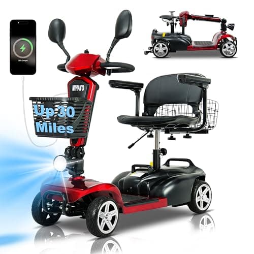 30 Mile Range Travel Foldable Mobility Scooters for Adults,4 Wheel Electric Motorized Scooter for Seniors Oversize XL 4-Piece Set with USB and Cell Phone Holder,Red Mirage S1