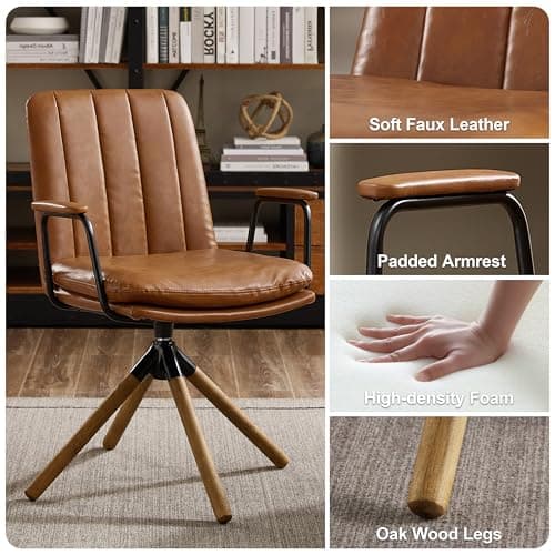 Art Leon Mid Century Modern Chair, Oak Legs Swivel Accent Chair No Wheels, Faux Leather Armchair for Small Spaces Home Office Living Room Bedroom, Yellow Brown 5