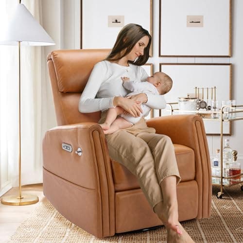 COLAMY 270 Power Swivel Glider Recliner Chair with Removable Mobile & iPad Holders, PU Leather Reclining Rocker with Built-in USB & Type-C Charging Ports for Nursery, Living Room & Office, Brown 6