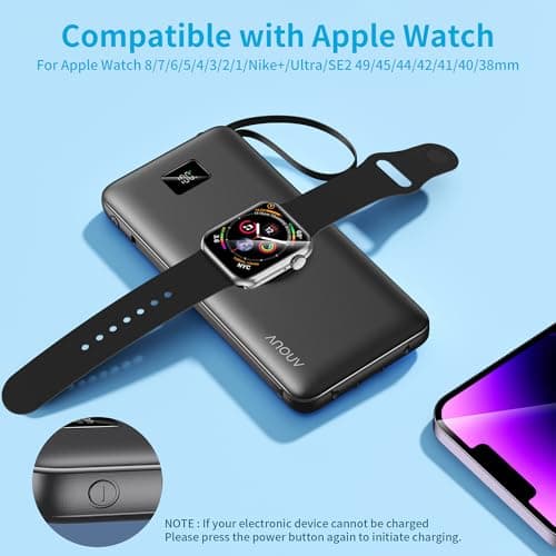 Portable Charger 10000mAh 22.5W PD 3.0+QC 4.0 Super Fast Charging Power Bank, Built-in Cables & AC Wall Plug & Magnetic Wireless iWatch Charger, USB-C Battery Pack for iPhone/Samsung/Apple Watch, etc 6