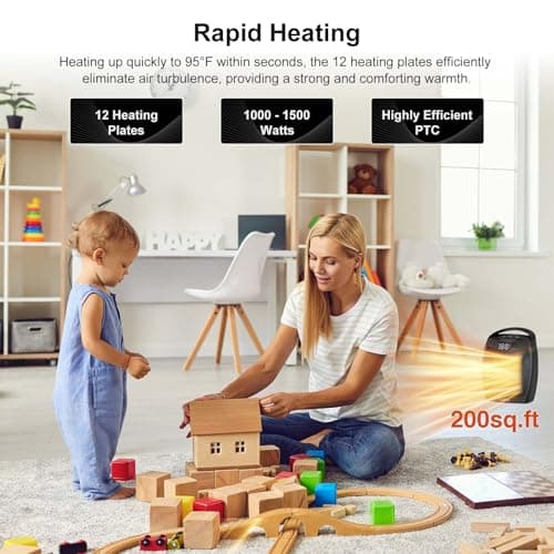 Portable Ceramic Space Heater 1500W, Fast Heating, Digital Display with Touch Controls, Built-in Handle, Overheat and Tip-Over Protection, Ideal for Home, Bedroom, and Office Heating 5