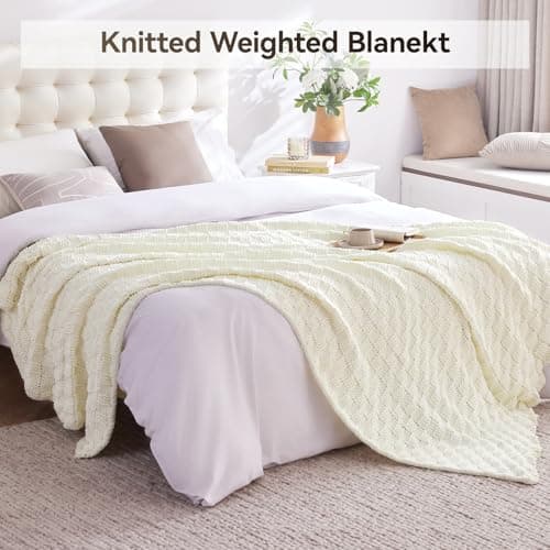 Wellfeel Knitted Weighted Blanket for Adult, No Beads Heavy Blanket 48” x 72'' 12lbs, Breathable Chunky Knit Blanket, Cooling Weighted Blanket for Hot Sleepers, Christmas Home Decor (Ivory White) 6