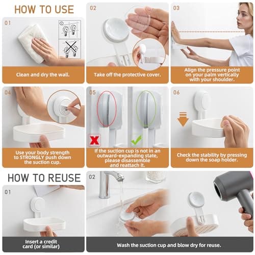 LEVERLOC Soap Dish Holder for Shower Suction Cup Wall Mounted Self Draining NO-Drilling Removable Bar Soap Sponge Holder for Bathroom Bathtub Kitchen Sink Waterproof Strong Vacuum Suction Adhesion 6