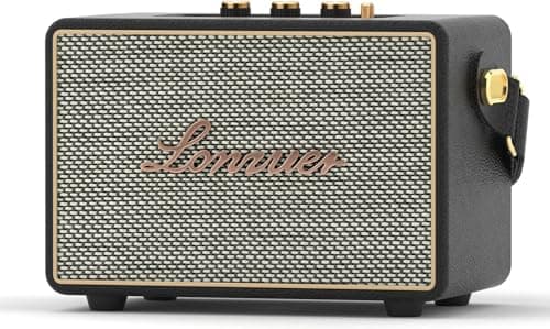 Lonzuer Vintage 80Watts No Distortion Wireless Bluetooth Wooden Portable Retro Blue Tooth Home Speaker with Deep Bass Subwoofer Fabric Grill Leather Strap Handle-Black