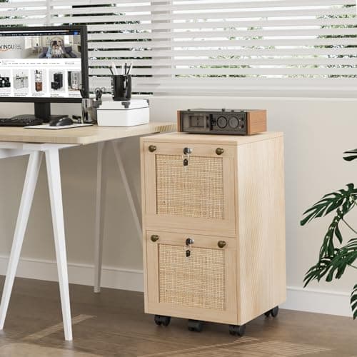VINGLI 2 Drawer File Cabinet with Lock, Rolling File Cabinets for Home Office, Small Printer Stand, Wood Rattan Oak File Organizer, Under Desk Filing Cabinet on Wheels for Folders with Tabs 8