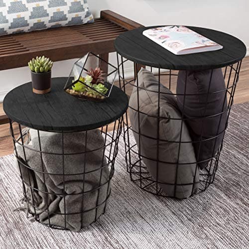 End Tables Set of 2 - Nesting Tables with Removable Wood Tops and Metal Basket Bases for Blanket Storage - Round Side Pieces for Living Room, Bedroom, or Home Office by Lavish Home (Black)