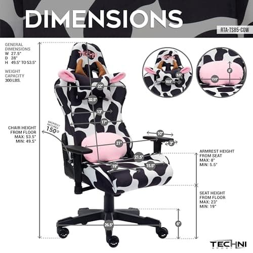 Techni Sport Gaming Chair - Black White Cow Print - Ergonomic Office Computer Chair with Memory Foam, Lumbar Support, Decorative Horns & Ears, 300 Lbs Capacity 5