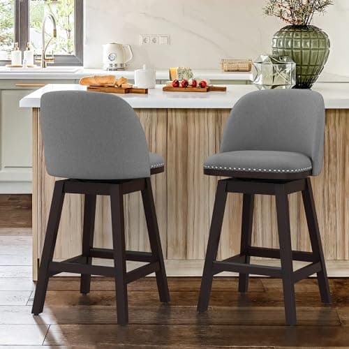 Cozyman Swivel bar stools Set of 3, 26" Performance Fabric Upholstered Counter Height Bar Stools with Back, Solid Wood Legs with footrest, Retro Nailhead Trim Barstools for Kitchen Island, Grey 6