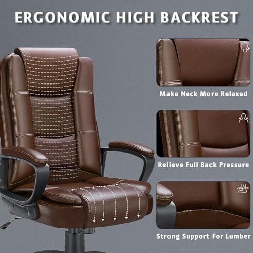 LEMBERI Office Desk Chair, High Back Executive Computer Chair, Ergonomic Big and Tall Adjustable PU Leather Chairs with Padded Armrest for Long Time Sitting (Brown) 7