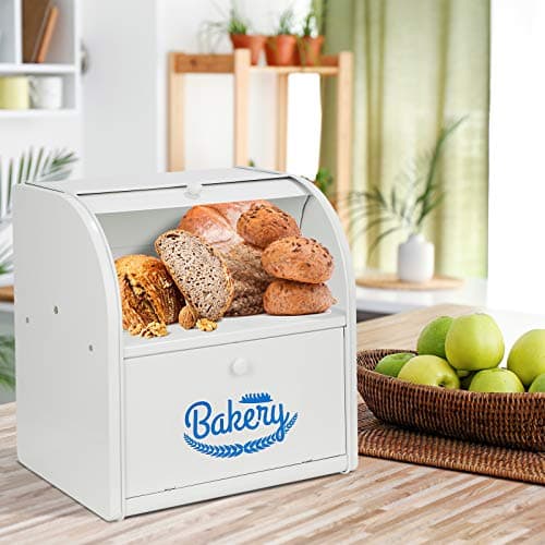 Widousy 2 Layer Metal Bread Boxes, Bread Box Storage Bin Kitchen Container with Roll Top Lid Iron Countertop Containers Metal Food Storage Bread Keeper Large Capacity Home Kitchen Counter, White 7