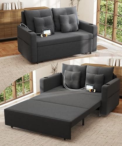 Krcix 3 in 1 Sofa Bed, 56 Inch Convertible Pull Out Couch, Loveseat Sleeper Sofa with Cup Holders, USB, Sofa Couches for Living Room, Bedroom, Apartment, Dark Grey