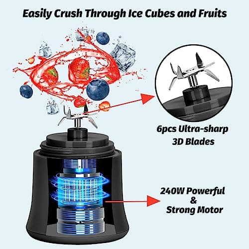 20 Oz Portable Blender USB Rechargeable, Supkitdin Waterproof Personal Blender for Shakes and Smoothies, with 6 Ultra-sharp Blades for Travel, Office & Sports (Black) 2