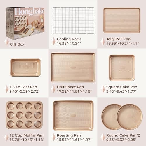 HONGBAKE 9-Piece Baking Pans Set Nonstick, Stackable Non Toxic Bakeware Sets with Diamond Texture, Oven Pan Set for Cooking, Includes Cookie Sheet with Rack, Cake Pan, Roasting Pan, Muffin Tin, Gold 6