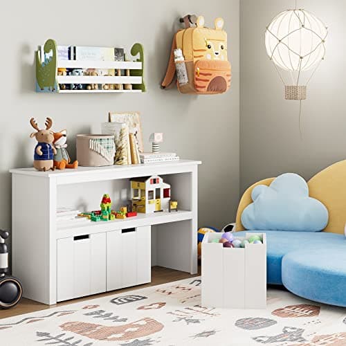FOTOSOK Toy Storage Cabinet with 3 Movable Drawers, Floor Storage Organizer with Hidden Wheel & Large Open Bookhelf, Organizer Chest for Playroom, White