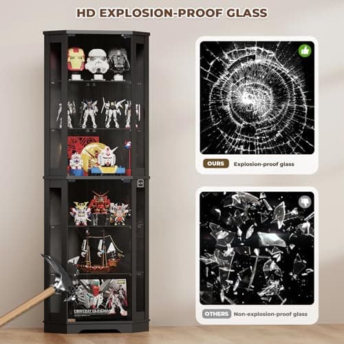 BROTTAR 71" Corner Display Cabinet with Glass Doors, 6 Tier Curio Cabinet with 3 LED Lights & Glass Shelves, Human Body Sensor, Showcase Display Case for Collectibles, Black 5