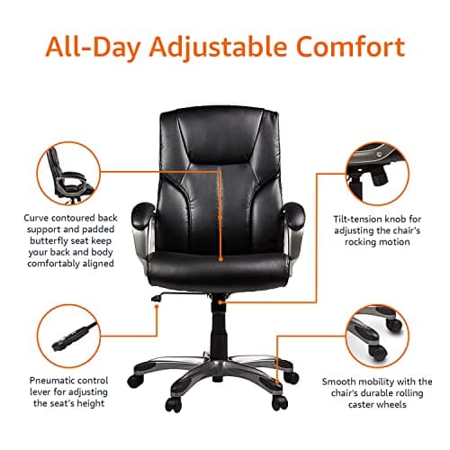 Amazon Basics Executive High Back Office Chair, Adjustable Height, Tilt, Swivel, Padded Seat, Bonded Leather, Wheels, Black/Silver 6