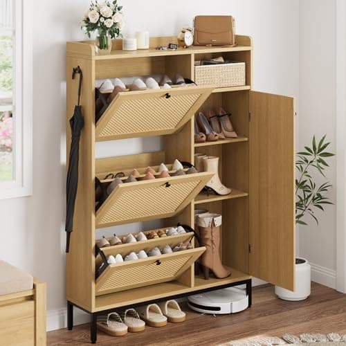 GarveeHome Shoe Cabinet Rattan with 3 Flip Drawers and 4-Tier Shoe Storage Cabinet, Freestanding Shoe Organizer with Adjustable Shelves for Entryway, Closet, Hallway (Light Oak)